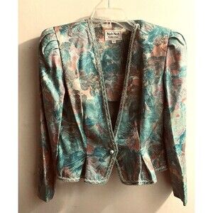 Nah Nah Collection VTG Evening Jacket Women Sz 10 Green Floral Brocade Beaded